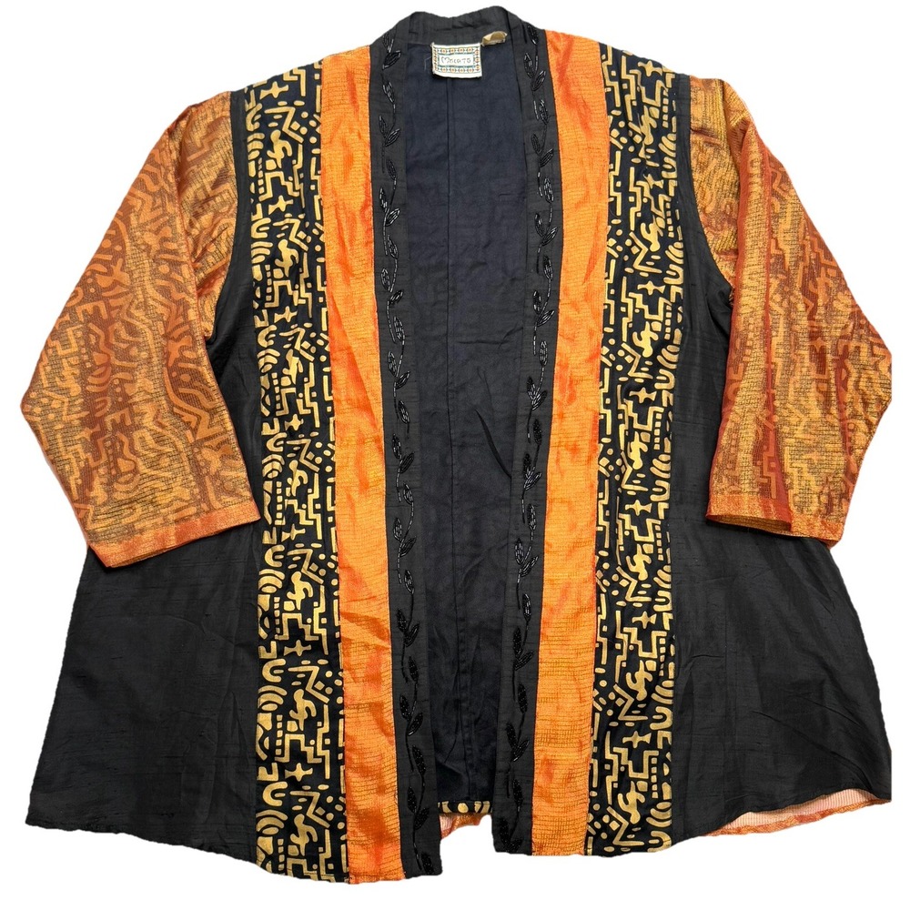 VTG Molato‎ African Duster Jacket Silk Short Ethnic Black/Orange Beaded Overlay